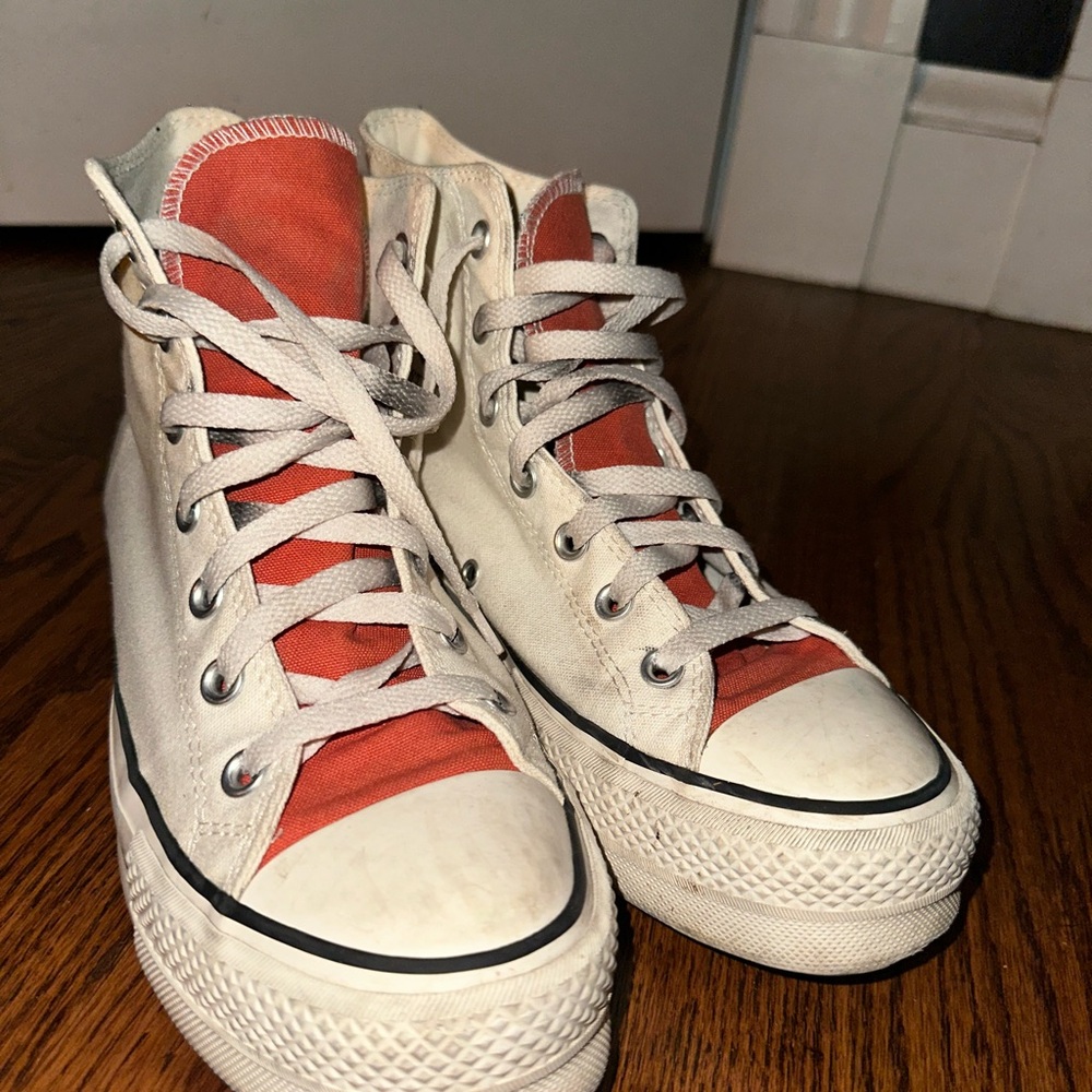 High-Top Converse Sneakers - White and burnt orange custom platforms women’s